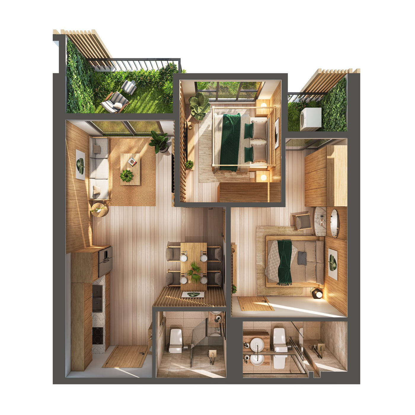Thiết kế căn 2 phòng ngủ nhỏ loại 59m²