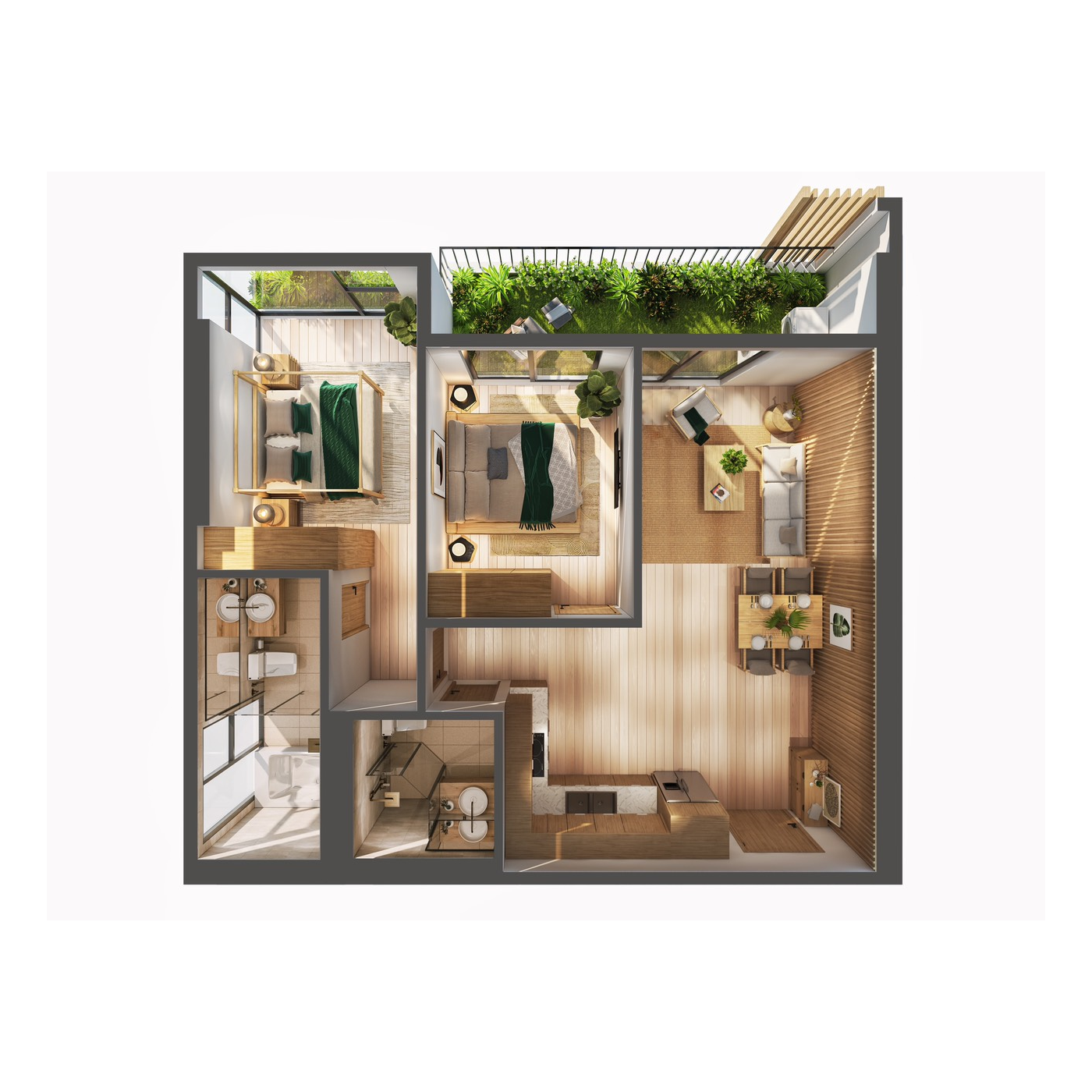 Thiết kế căn 2 phòng ngủ nhỏ loại 74m²