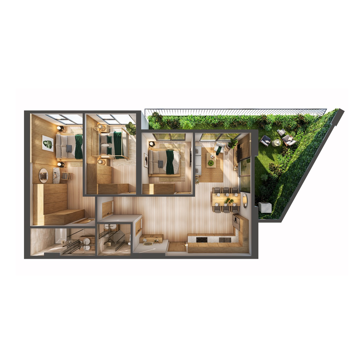 Thiết kế căn 3 phòng ngủ sân vườn rộng
